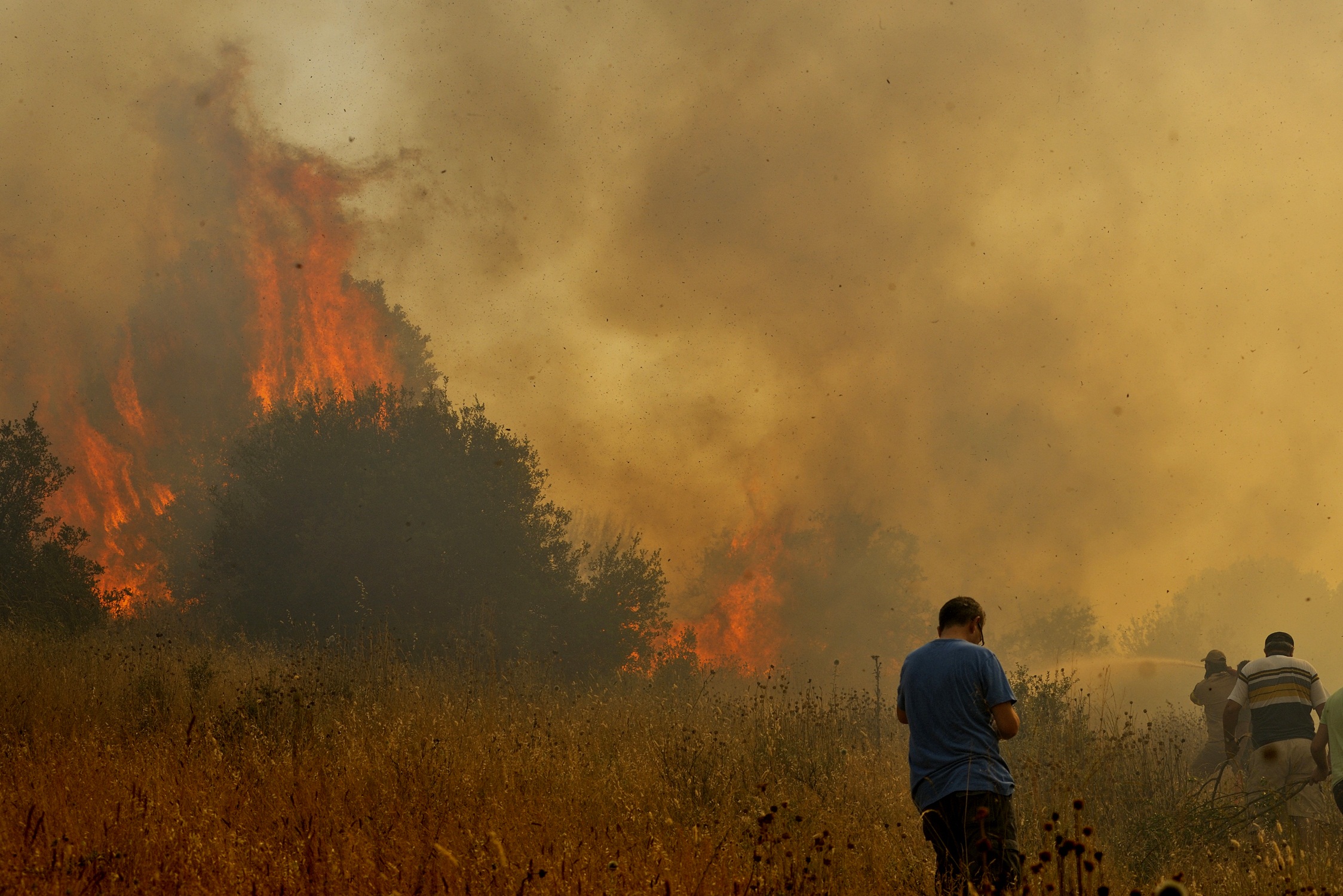 Πυροσβέστες και κάτοικοι της περιοχής προσπαθούν να ανακόψουν την πορεία της φωτιάς - ΦΩΤΟ EUROKINISSI