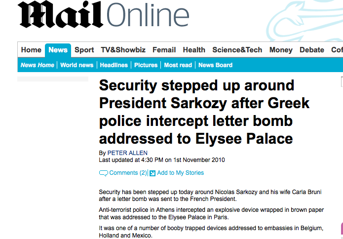 DailyMail: Η ασφάλεια ενισχύεται γύρω από τον πρόεδρο Σαρκοζί μετά τον εντοπισμό πακέτου βόμβας που προοριζόταν για τα Ηλύσια Πεδία