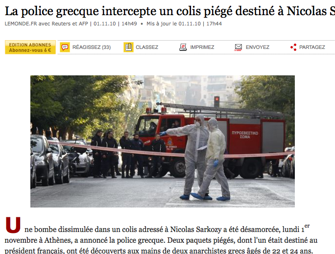 Le Monde: Η ελληνική αστυνομία κατάσχεσε παγιδευμένο πακέτο που προοριζόταν για τον Νικολά Σαρκοζί 