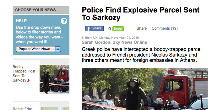 Sky News: Η αστυνομία βρέθηκε πακέτο με εκρηκτικά που απευθυνόταν στον Σαρκοζί