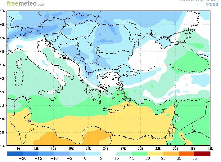 Με μπλέ
χρώμα απεικονίζονται οι χαμηλές θερμοκρασίες ΠΗΓΗ: freemeteo.com
