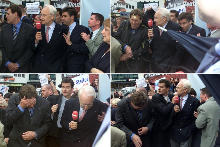 Οι... ομπρέλες δεν προστάτευσαν τον κυβερνήτη από τα αυγά - Φωτογραφία από το Spiegel Online  