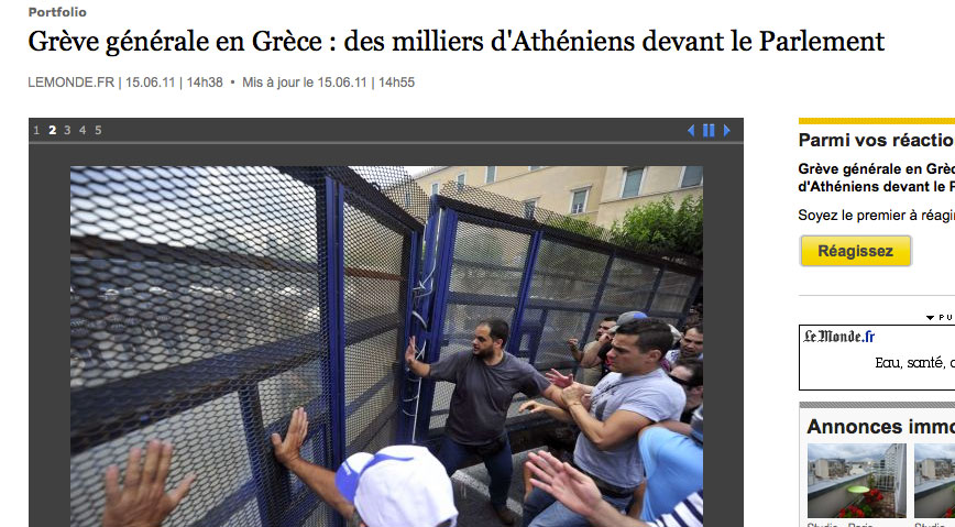 Le Monde: "Γενική απεργία στην Ελλάδα: χιλιάδες Αθηναίοι μπροστά στη Βουλή"