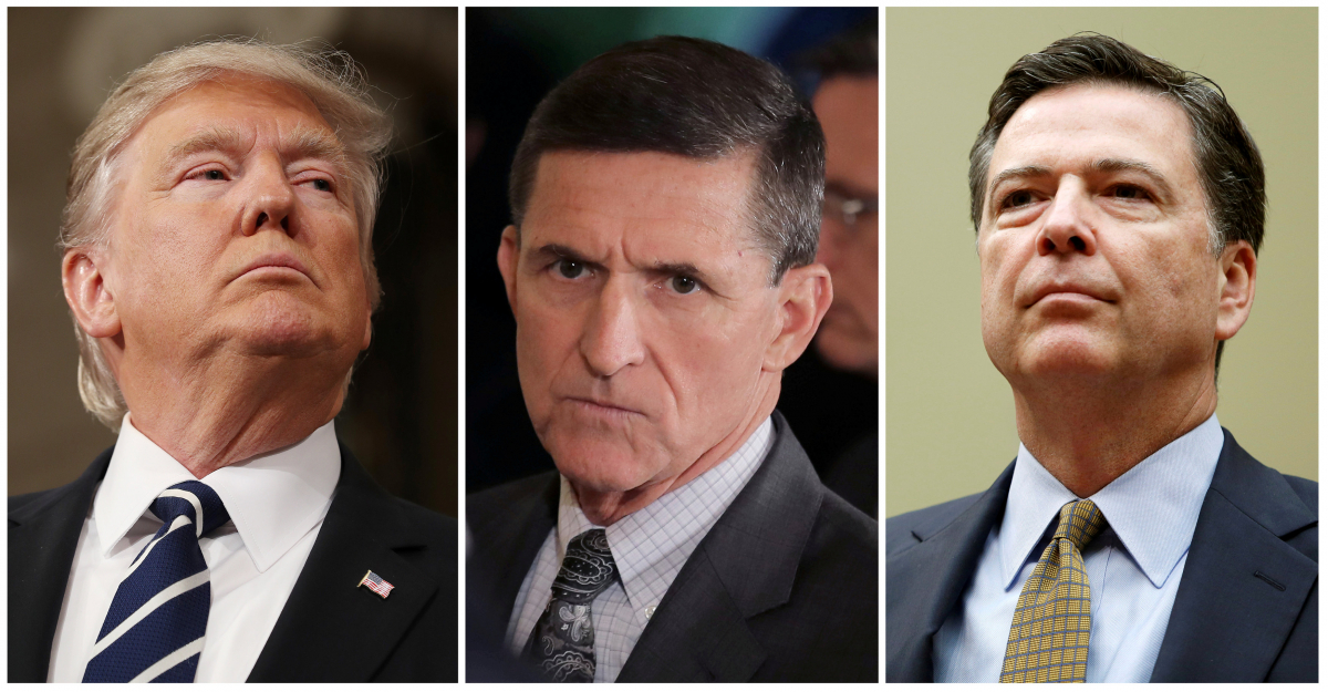 Οι τρεις πρωταγωνιστές: Ντόναλντ Τραμπ, Μάικλ Φλιν (στη μέση) και Τζέιμς Κόμεϊ - Φωτογραφία: Reuters