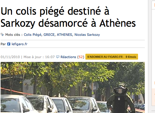 Le Figaro: Ένα παγιδευμένο πακέτο με παραλήπτη τον Σαρκοζί εξουδετερώθηκε στην Αθήνα