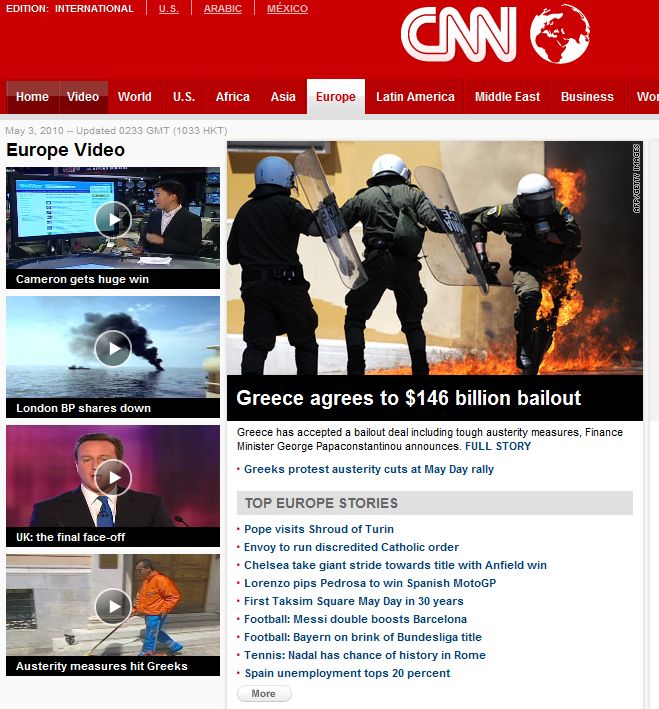 Το αμερικανικό δίκτυο CNN γράφει ότι η Ελλάδα θα πάρει την οικονομική βοήθεια. Η φωτογραφία της δείχνει επεισόδια στην Αθήνα γράφοντας πως κάτι τέτοια μπορεί να ξαναζήσει η Αθήνα μετά τα νέα μέτρα