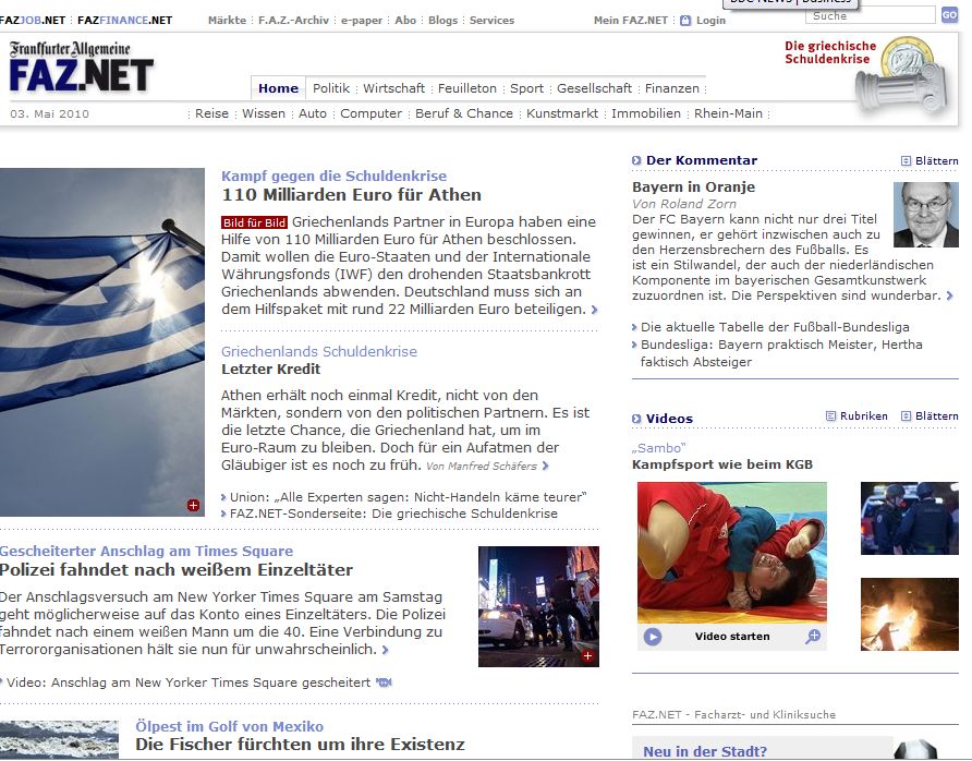 Πάλη διαχείρισης του χρέους - 110 δις βοήθεια στην Αθήνα. Αυτό γράφει στο πρωτοσέλιδο της η Frankfurter Allgmeine. 