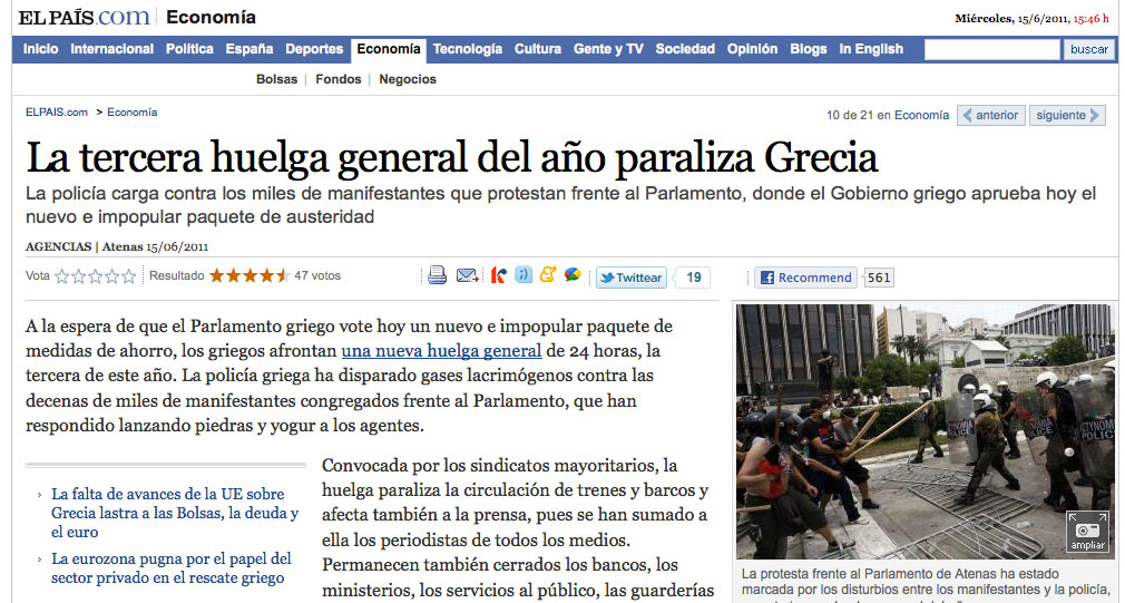 El Pais: "Η τρίτη γενική απεργία παραλύει την Ελλάδα εν μέσω ταραχών"
