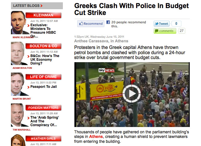 Sky News: "Οι Έλληνες συγκρούονται με την Αστυνομία για τις περικοπές"