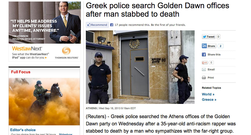 Reuters: Η ελληνική αστυνομία ψάχνει τα γραφεία της Χρυσής Αυγή μετά το θάνατο άνδρα 