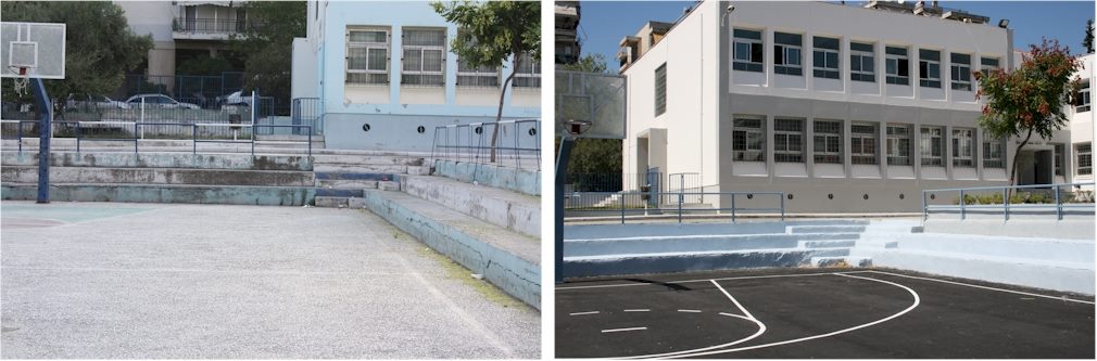 Το 14ο Δημοτικό Σχολείο Σταυρούπολης (Δήμος Παύλου Μελά), που αναδείχθηκε ο μεγάλος νικητής του φετινού διαγωνισμούπριν & μετά τις εργασίες που υλοποιήθηκαν για την ανακαίνισή του, στο πλαίσιο του προγράμματος.