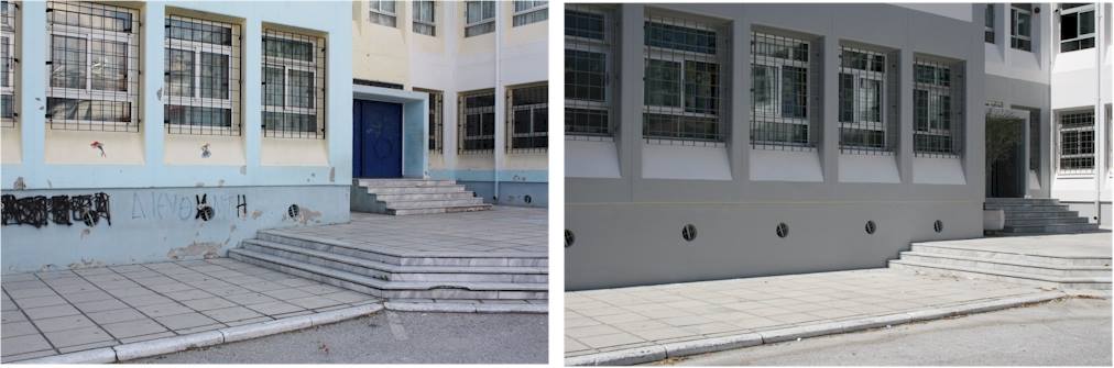 Το 14ο Δημοτικό Σχολείο Σταυρούπολης (Δήμος Παύλου Μελά), που αναδείχθηκε ο μεγάλος νικητής του φετινού διαγωνισμούπριν & μετά τις εργασίες που υλοποιήθηκαν για την ανακαίνισή του, στο πλαίσιο του προγράμματος.