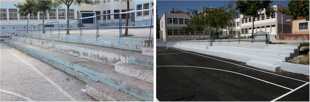 Το 14ο Δημοτικό Σχολείο Σταυρούπολης (Δήμος Παύλου Μελά), που αναδείχθηκε ο μεγάλος νικητής του φετινού διαγωνισμούπριν & μετά τις εργασίες που υλοποιήθηκαν για την ανακαίνισή του, στο πλαίσιο του προγράμματος.