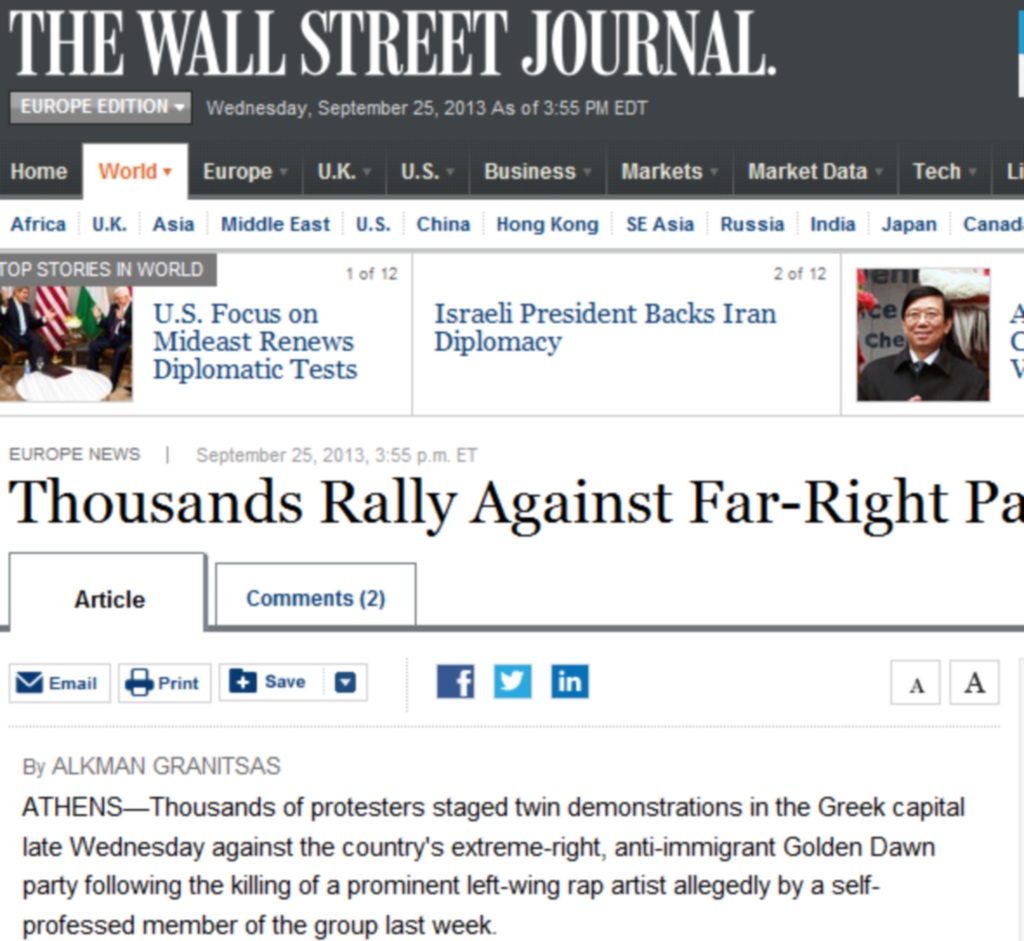 Η Wall Street Journal έκανε εκτενές ρεπορτάζ για τα ποσοστά της Xρυσής Αυγής