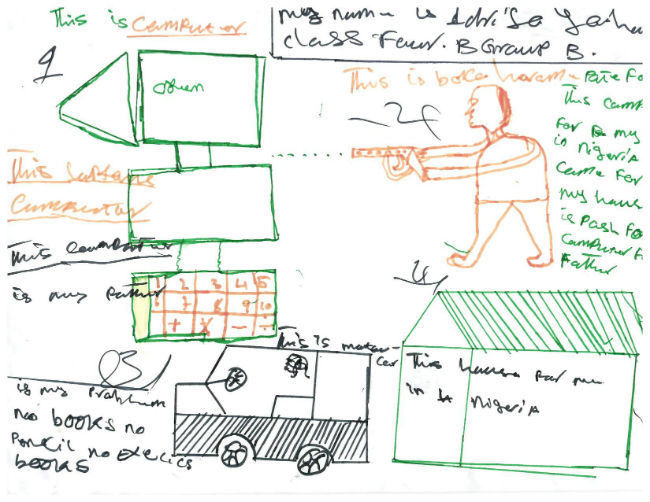 Idrisa: "Η Boko Haram βομβάρδισε το σπίτι μας στη Νιγηρία και κατέστρεψε τον υπολογιστή μου. Κατέστρεψαν τα πάντα. Ήταν ο υπολογιστής του πατέρμου, αλλά μπορούσαμε να παίξουμε. Χάσαμε το σπίτι μας. Μου λείπουν τα βιβλία, τα μολύβια, το βιβλίο ασκήσεων"