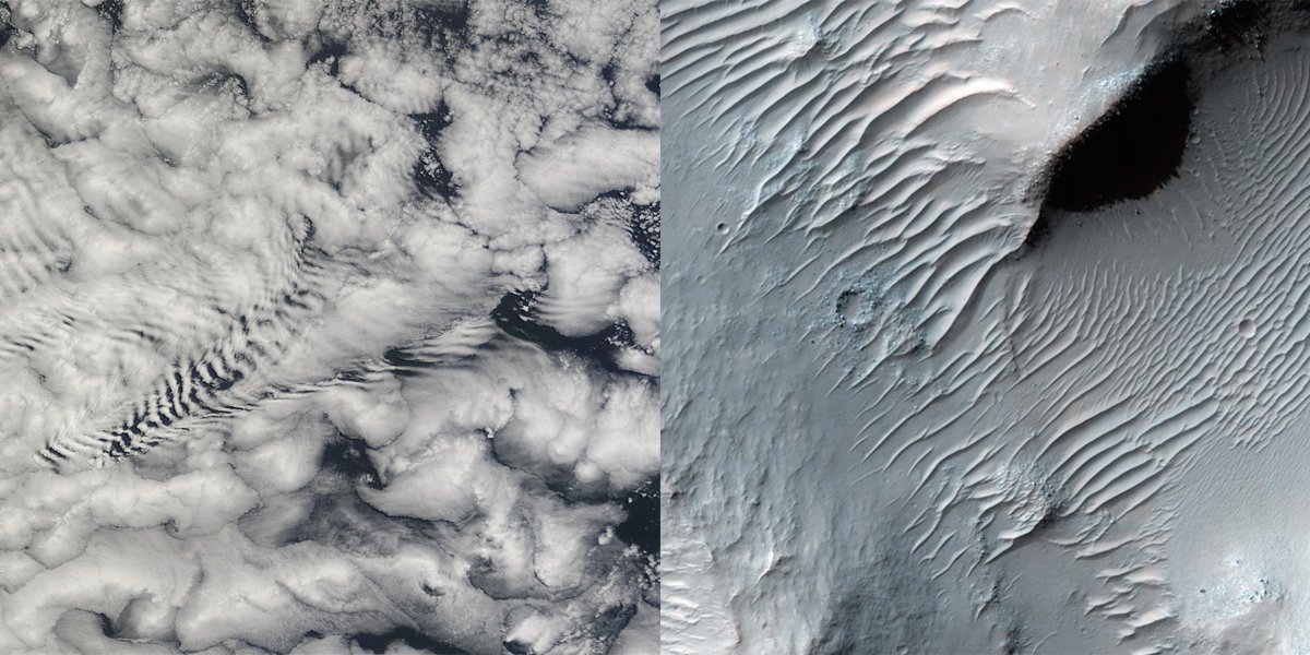 Αριστερά η Γη, πάνω από τα νησιά Κροζέ στον Ινδικό Ωκεανό, δεξιά ο Άρης και η κοιλάδα Σαμαρα μήκους 621 μιλίων