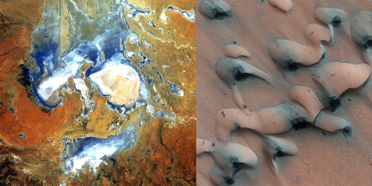 Αριστερά η Γη και η λίμνη Eyre στην Αυστραλία, δεξιά ο Άρης και ο Νότιος Πόλος του