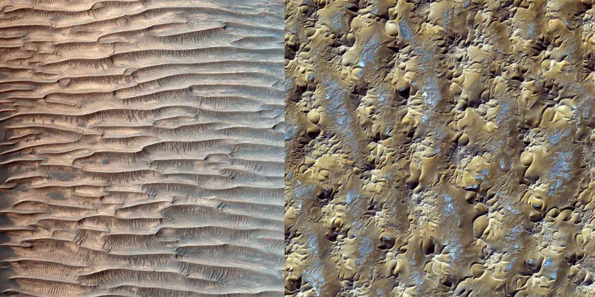 Δεξιά η Γη και οι αμμόλοφοι της Αλγερίας, αριστερά ο Άρης με την κοιλάδα των κάθετων αμμόλοφων