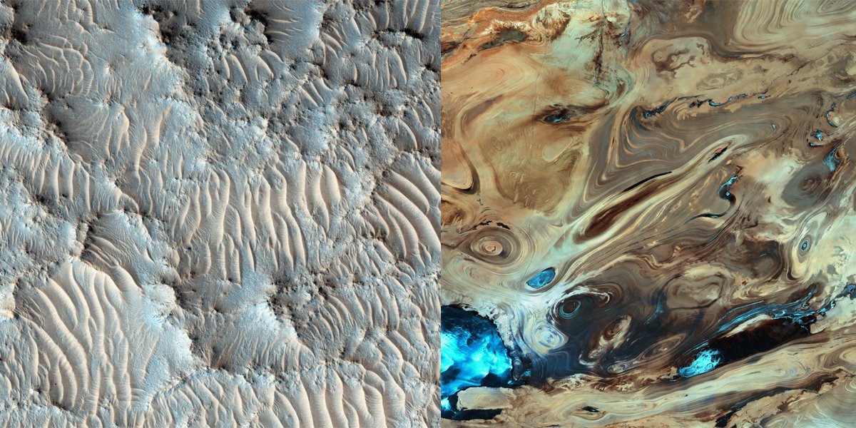 Στα δεξιά η Γη και η Μεγάλη Αλμυρή Έρημος στο Ιράν - Αριστερά ο Άρης και η φωτογραφία από την περιοχή του αρχαίου κρατήρα Jezero Crater