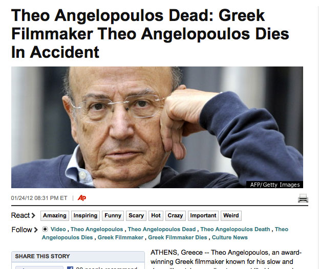 Ο Έλληνας κινηματογραφιστής Θόδωρος Αγγελόπουλος πεθαίνει σε ατύχημα γράφει η Huffington Post