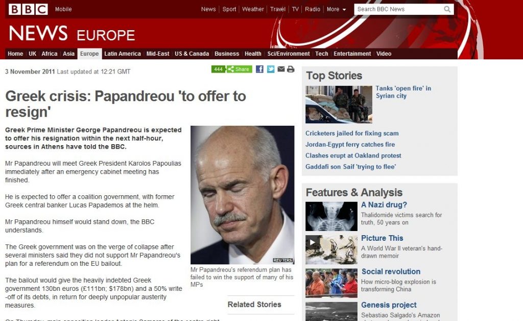 BBC: Ο Παπανδρέου θα παραιτηθεί μέσα στην επόμενη ώρα