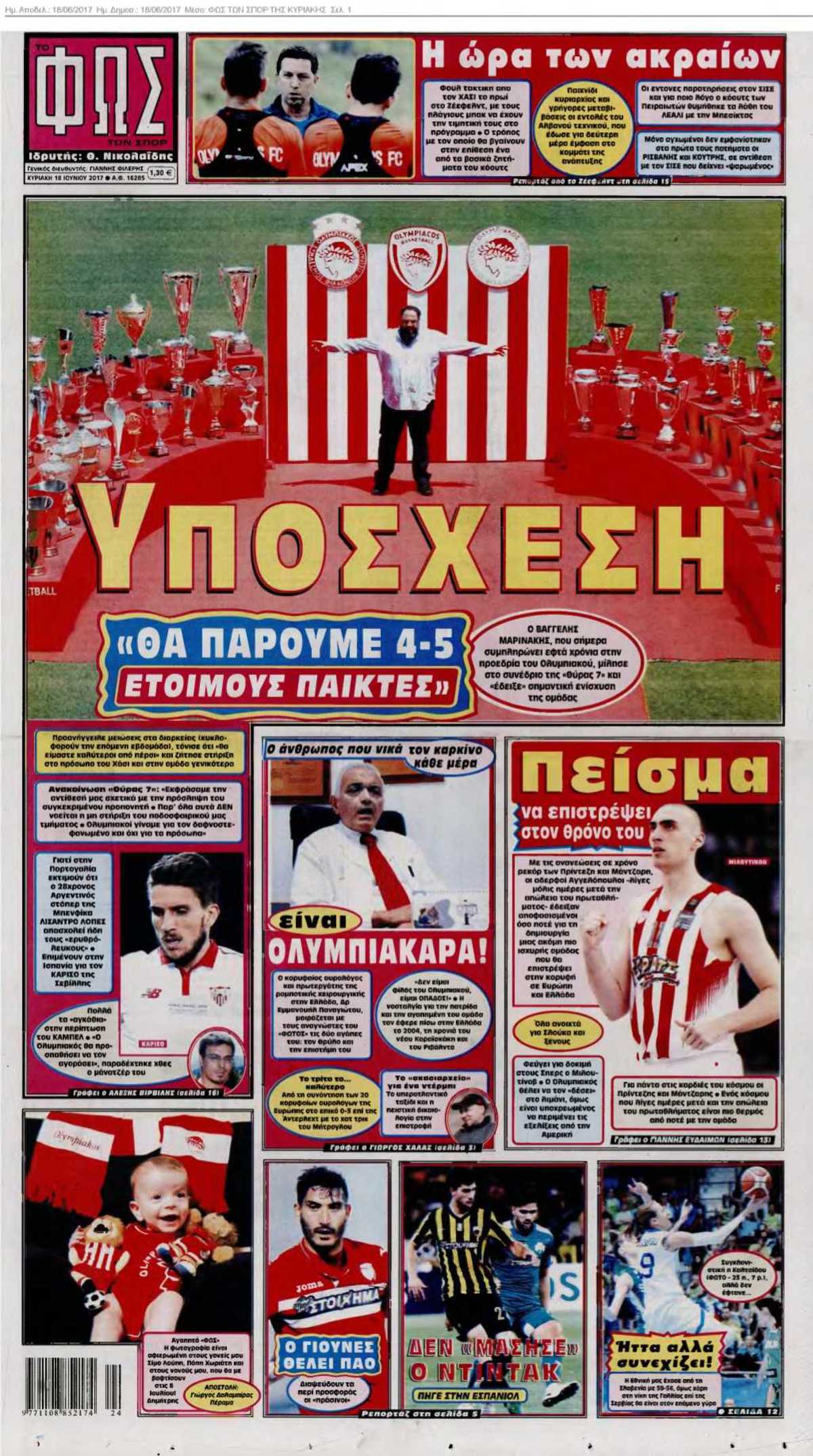 ΦΩΣ ΤΩΝ ΣΠΟΡ ΤΗΣ ΚΥΡΙΑΚΗΣ 18-06-2017