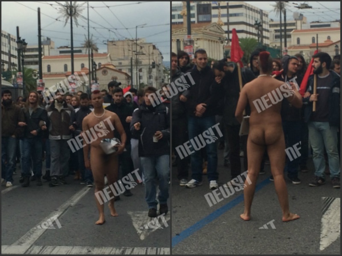 O γυμνός με το κόκκινο μοϊκάνα μαλλί που αναστάτωσε το πανεκπαιδευτικό συλλαλητήριο – ΦΩΤΟ