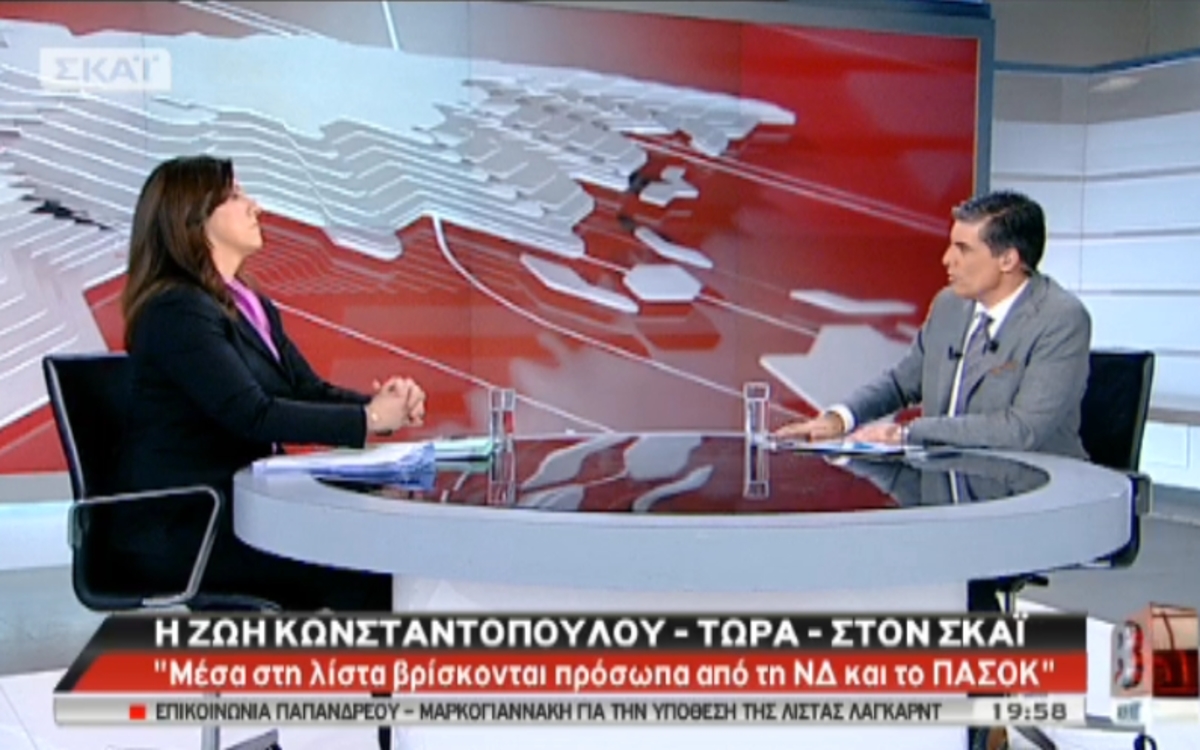 Ζωή Κωνσταντοπούλου στο ΣΚΑΪ: “Πρόσωπα από ΝΔ και ΠΑΣΟΚ στη λίστα Λαγκάρντ”
