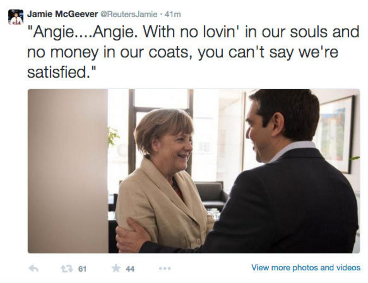 Το tweet του Reuters με στίχους των Rolling Stones για το ραντεβού Τσίπρα – Μέρκελ