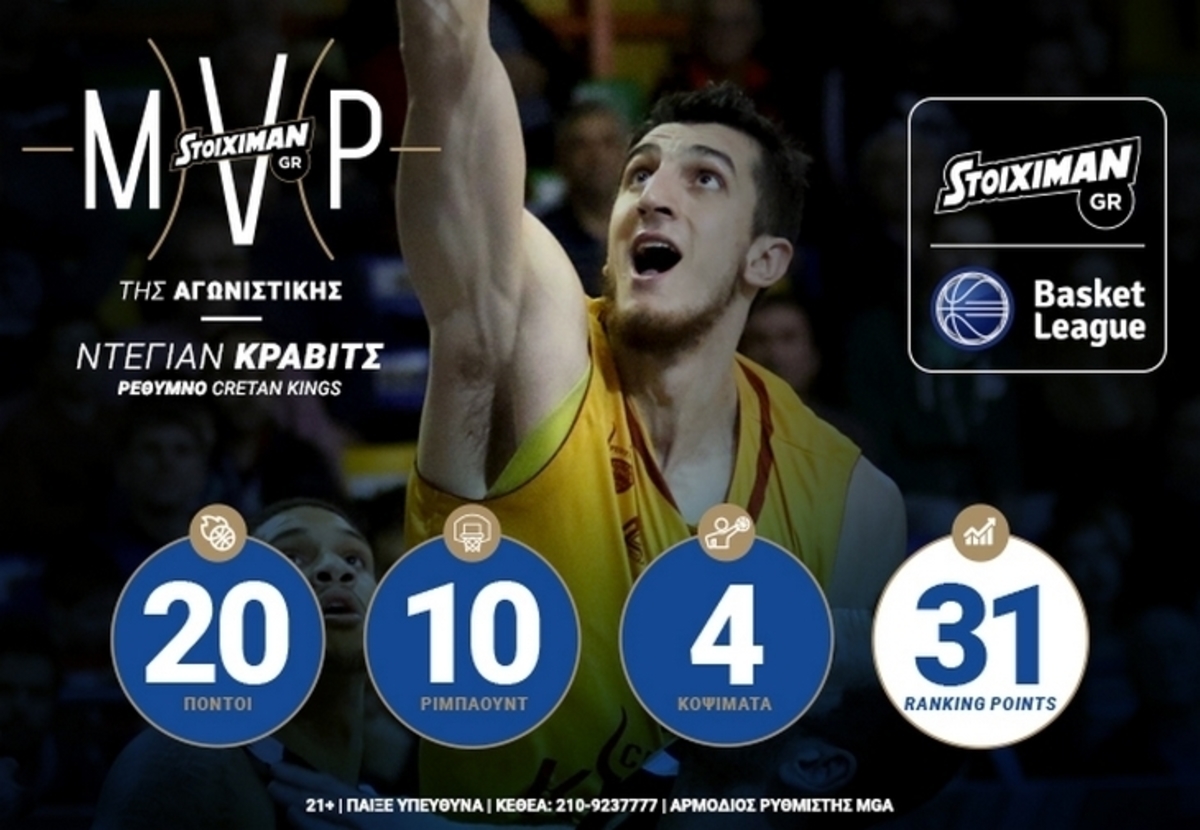 Ο Ντέγιαν Κράβιτς Stoiximan.gr MVP της 9ης Αγωνιστικής