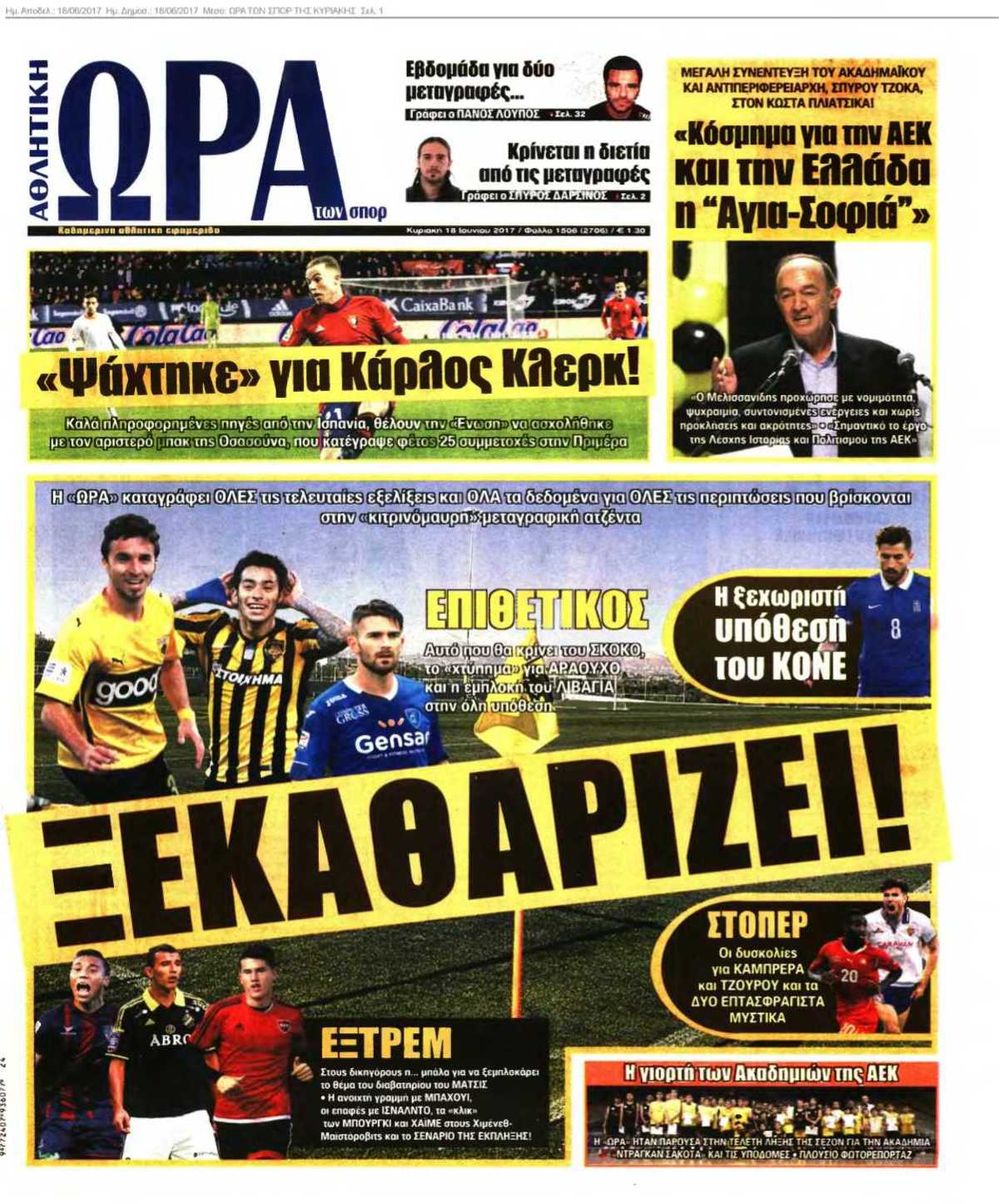 ΩΡΑ ΤΩΝ ΣΠΟΡ ΤΗΣ ΚΥΡΙΑΚΗΣ 18-06-2017