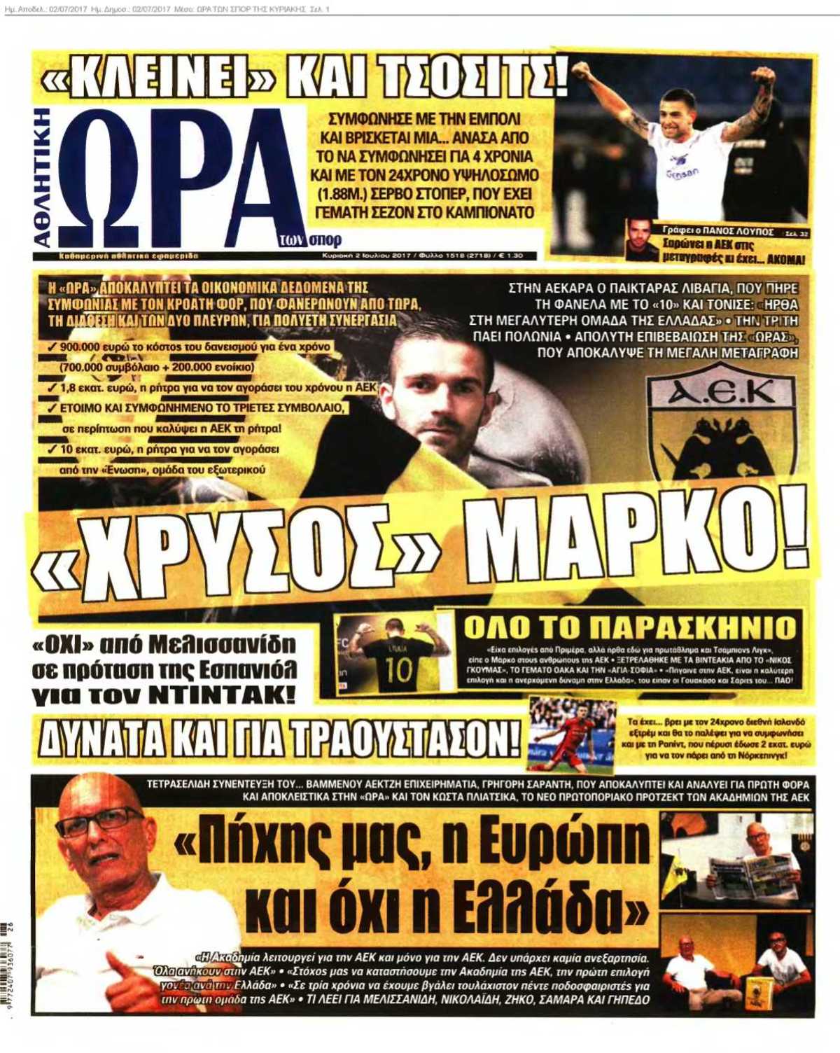 ΩΡΑ ΤΩΝ ΣΠΟΡ ΤΗΣ ΚΥΡΙΑΚΗΣ 02-07-2017