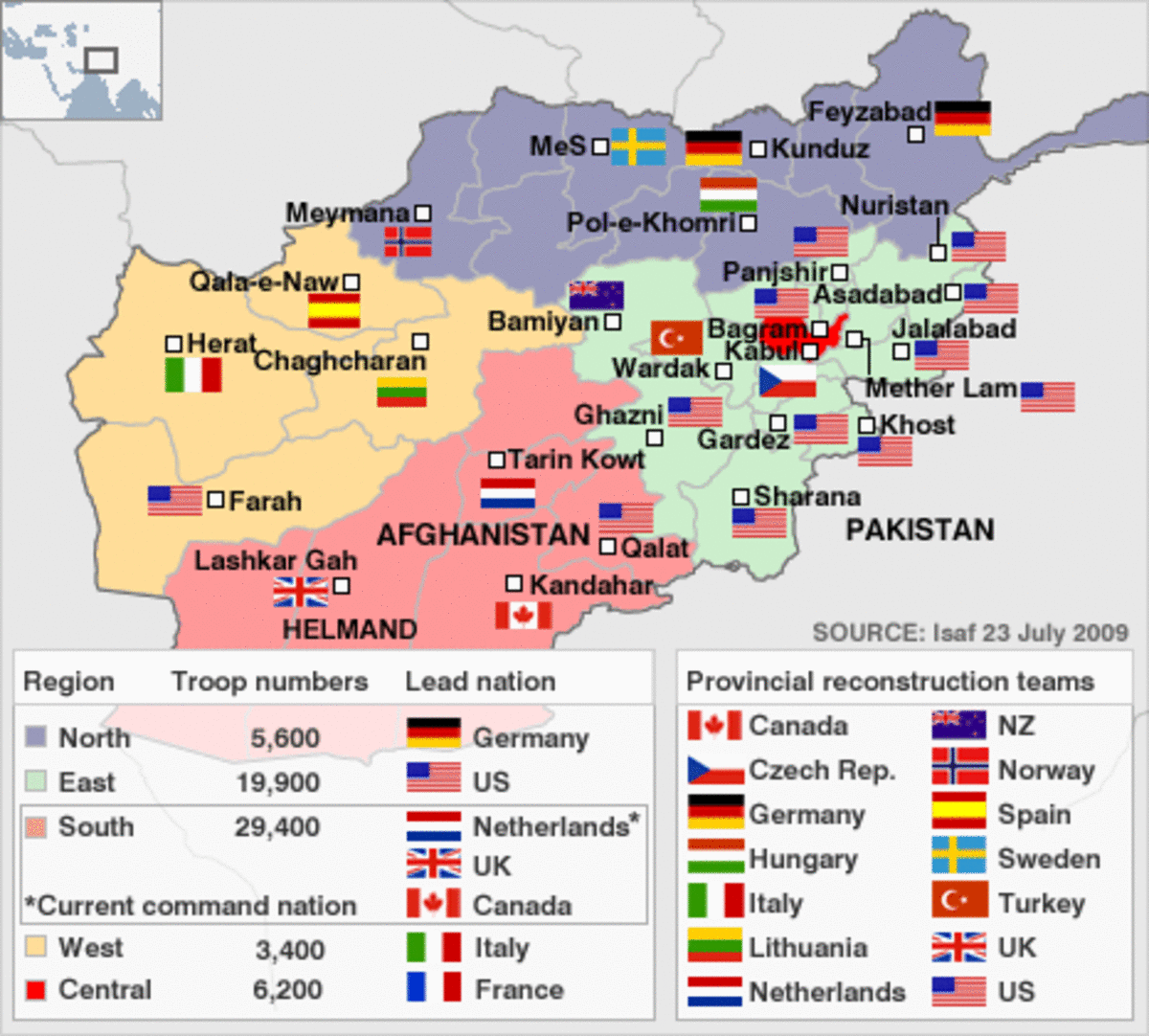 Οι τοποθεσίες που βρίσκονται οι συμμαχικές και αμερικανικές δυνάμεις σε Αφγανιστάν και Πακιστάν. Οι 30.000 στρατιώτες θα επιχειρήσουν στα σύνορα με το Πακιστάν. ΠΗΓΗ: BBC