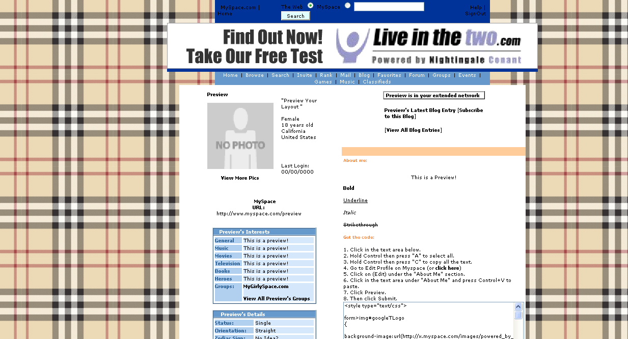 Φωτογραφία από το δίκτυο myspace.com και το κλασικό καρώ της Burberry