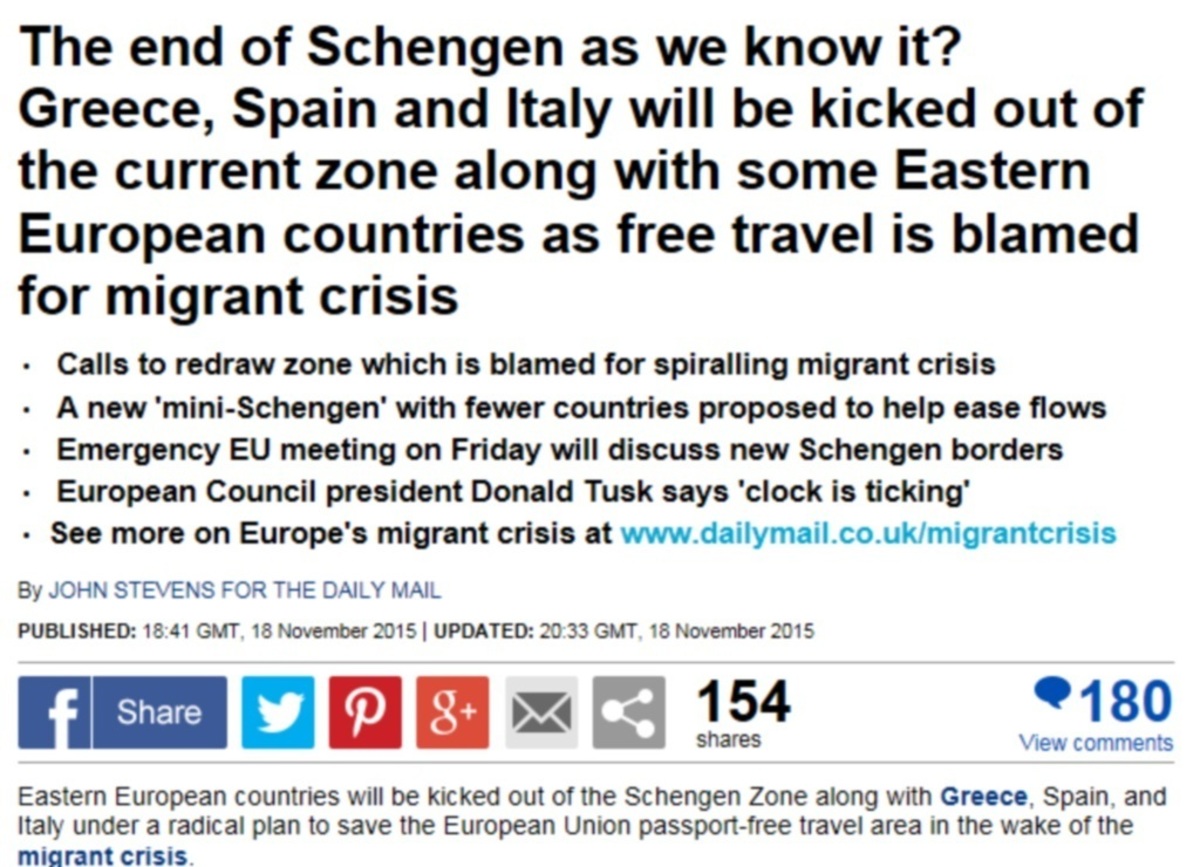 Εφιαλτικό σενάριο από την Daily Mail για την Ελλάδα μετά το μακελειό στο Παρίσι – Πέντε χώρες εξετάζουν να μας πετάξουν έξω από τη Ζώνη Σένγκεν