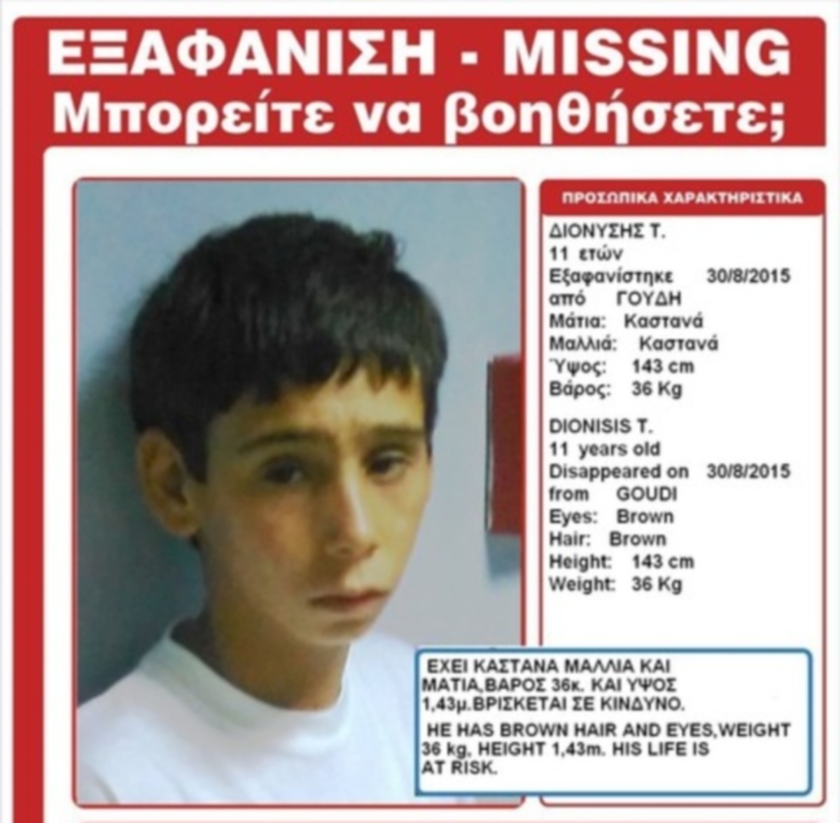 Βρέθηκε ο 11χρονος Διονύσης – Είχε εξαφανιστεί από το Παίδων