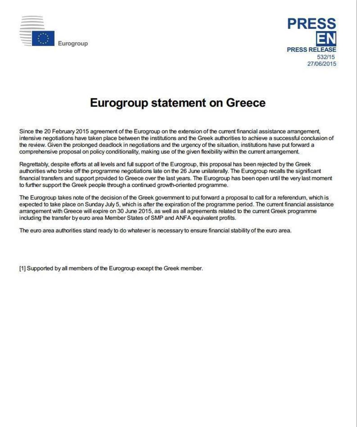 Το Eurogroup ακυρώνει τη χρηματοδοτική στήριξη προς την Ελλάδα (ΦΩΤΟ)