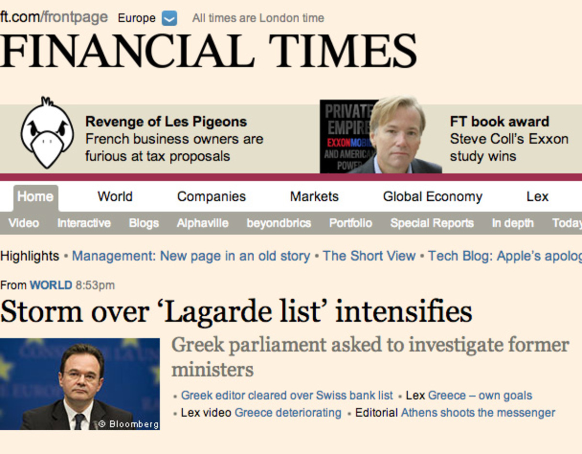 Πρώτο θέμα στους Financial Times η θύελλα που έχει ξεσπάσει με την αποστολή στην Βουλή της δικογραφίας για την λίστα Λαγκάρντ