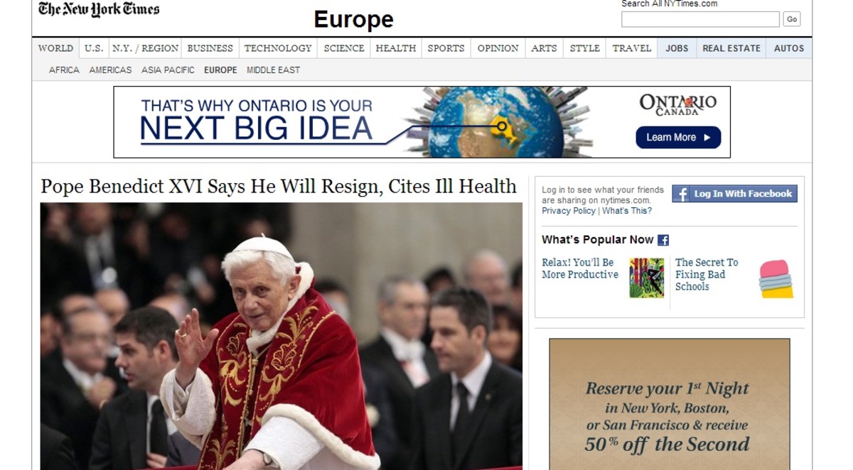 Πρώτο θέμα η παραίτηση του Πάπα στον ξένο Τύπο