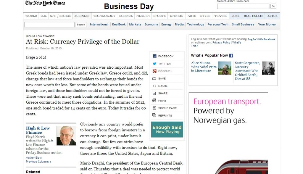 New york Times: Αν υπήρχε η δραχμή, θα είχε αποτραπεί η ύφεση…