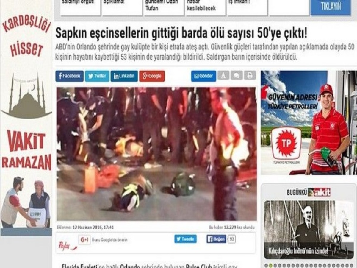 Κατάπτυστο δημοσίευμα “Ερντογανικής” εφημερίδας! “Ανώμαλοι οι νεκροί στο Ορλάντο”! (ΦΩΤΟ)