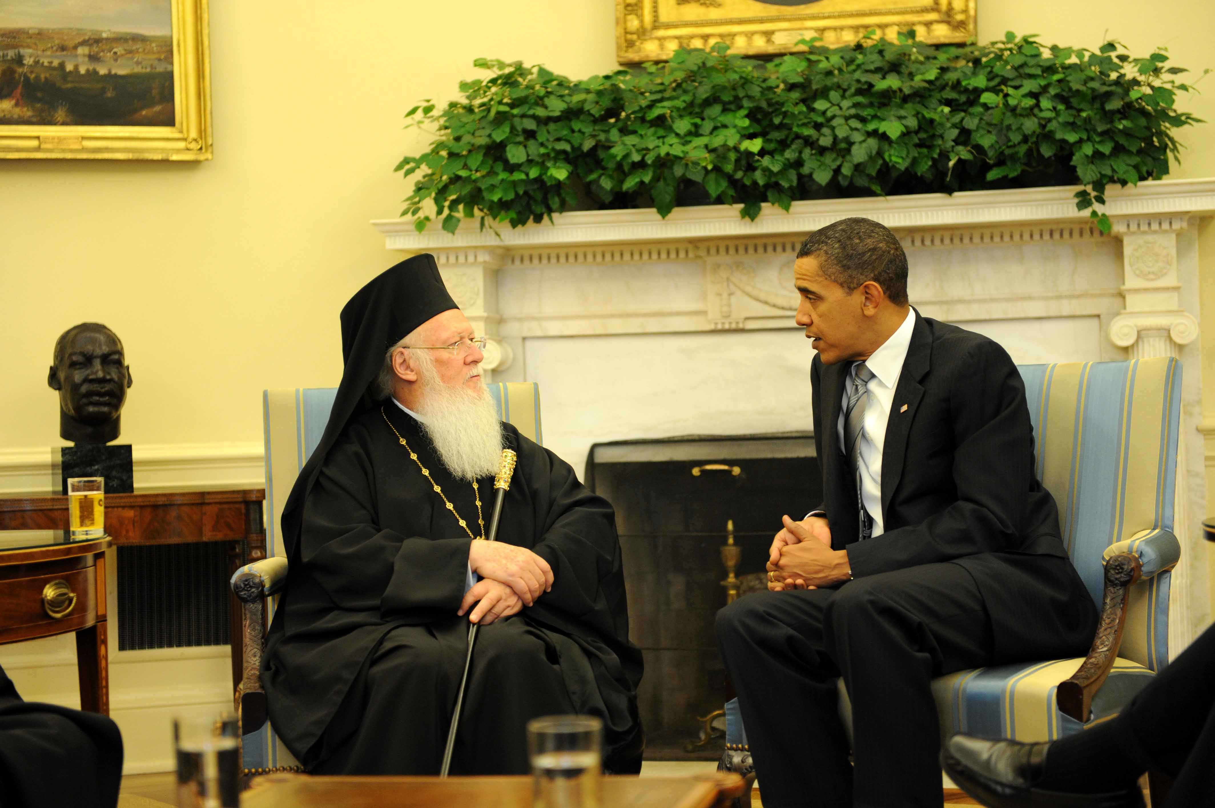 Ο Οικουμενικός Πατριάρχης Βαρθολομαίος με τον πρόεδρο Ομπάμα στην σημερινή συνάντηση