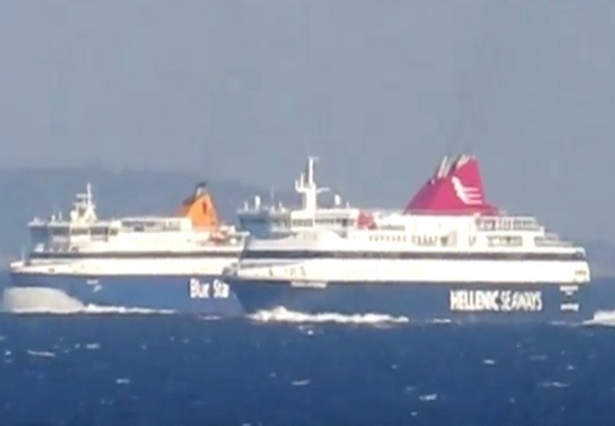 Προσπέραση στο Αιγαίο: Τo Νήσος Μύκονος αφήνει πίσω το Blue Star Naxos [vid]