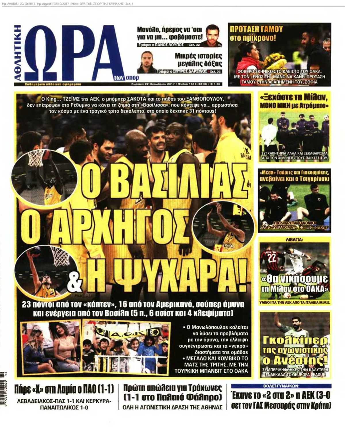 ΩΡΑ ΤΩΝ ΣΠΟΡ ΤΗΣ ΚΥΡΙΑΚΗΣ 22-10-2017