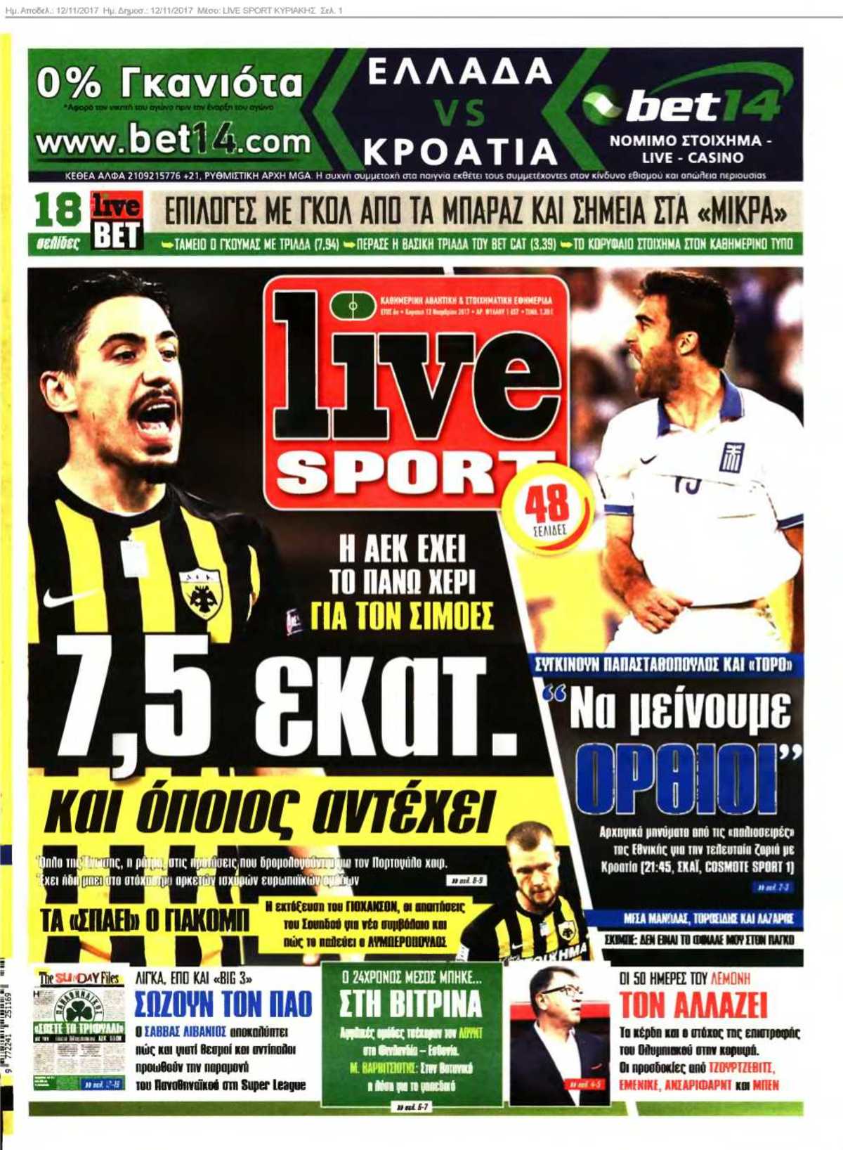 LIVE SPORT ΚΥΡΙΑΚΗΣ 12-11-2017