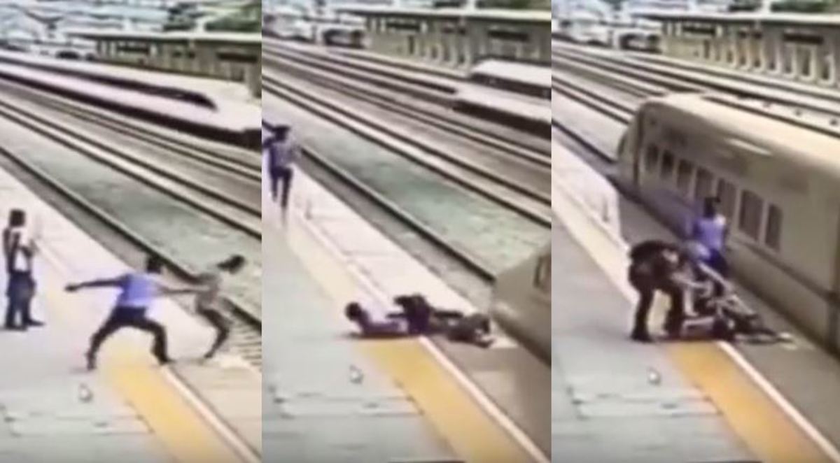 Αστυνομικός σώζει γυναίκα που πετάγεται να πέσει πάνω στο τρένο