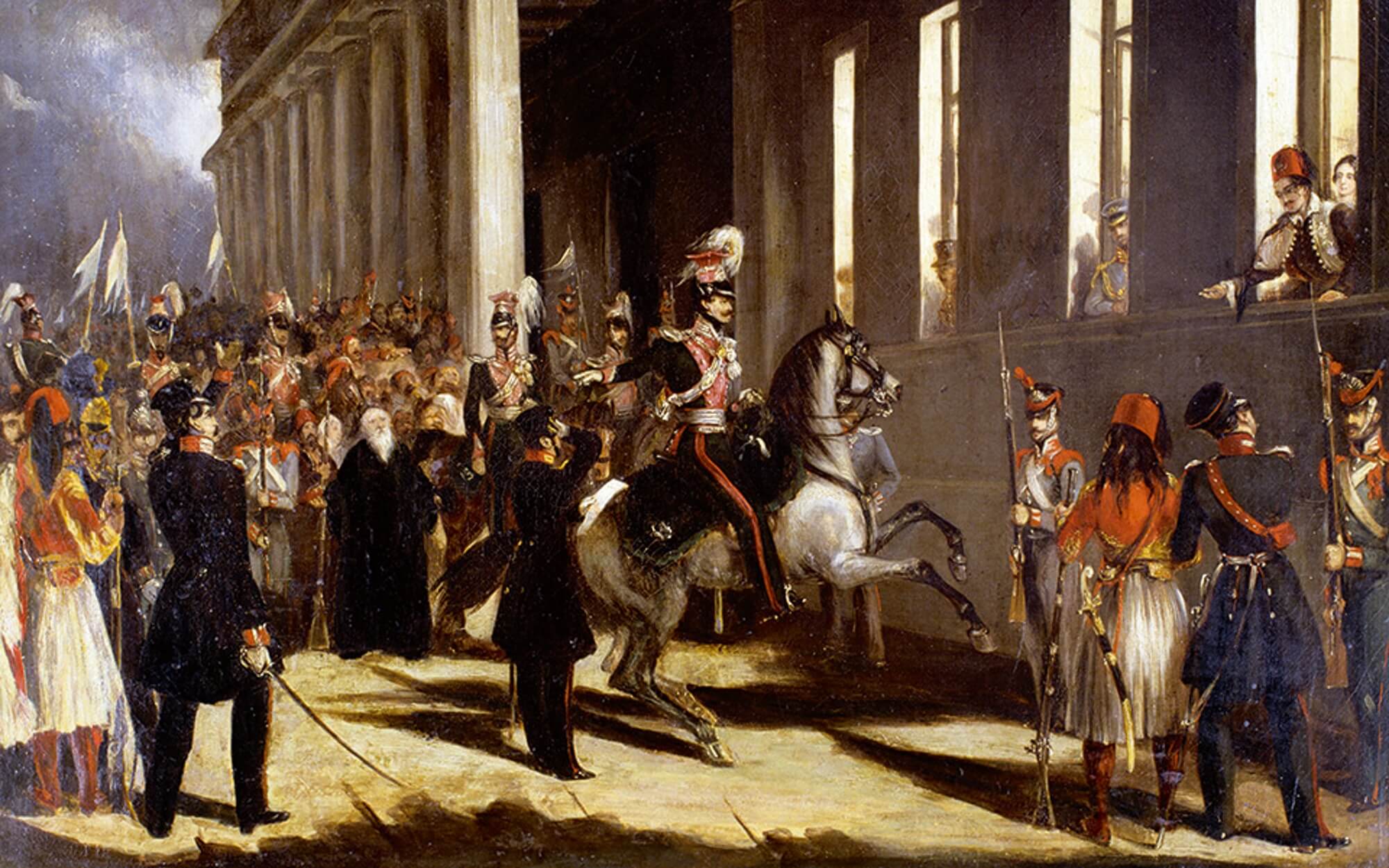 Νύχτα της 3ης Σεπτεμβρίου 1843. Στο κέντρο διακρίνεται ο Δημήτριος Καλλέργης έφιππος, ενώ από ένα παράθυρο των ανακτόρων προβάλλουν ο Όθωνας ντυμένος με ελληνική ενδυμασία και η Αμαλία. Πίνακας άγνωστου ζωγράφου του 19ου αιώνα. Συλλογή Λ. Ευταξία, Μουσείο της Πόλεως των Αθηνών, Αθήνα.