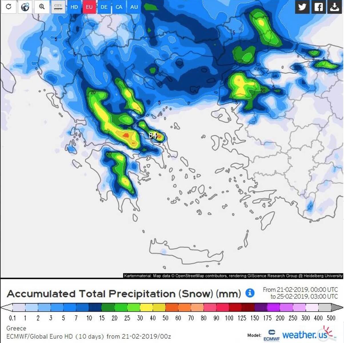 Όσο πιο κίτρινο είναι το χρώμα, τόσο πιο πυκνές οι χιονοπτώσεις