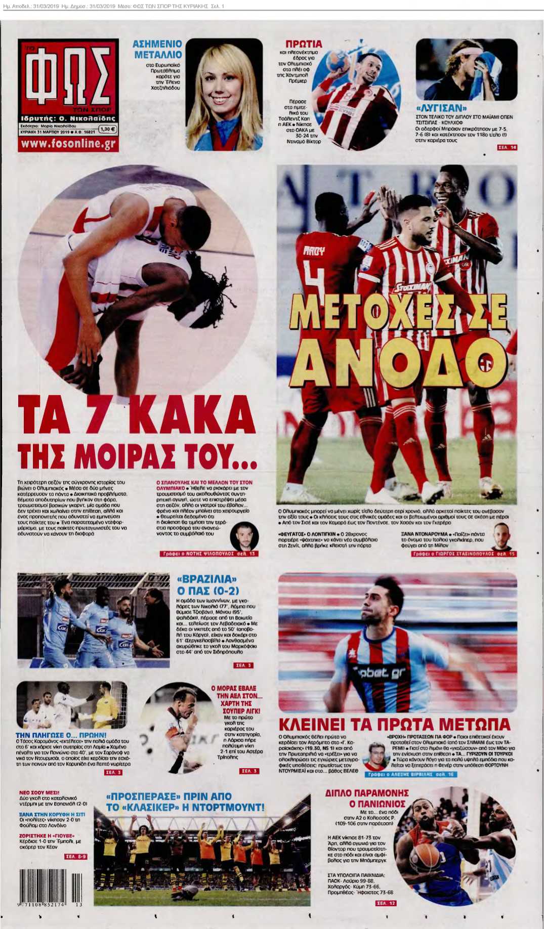 ΦΩΣ ΤΩΝ ΣΠΟΡ ΤΗΣ ΚΥΡΙΑΚΗΣ 31-03-2019