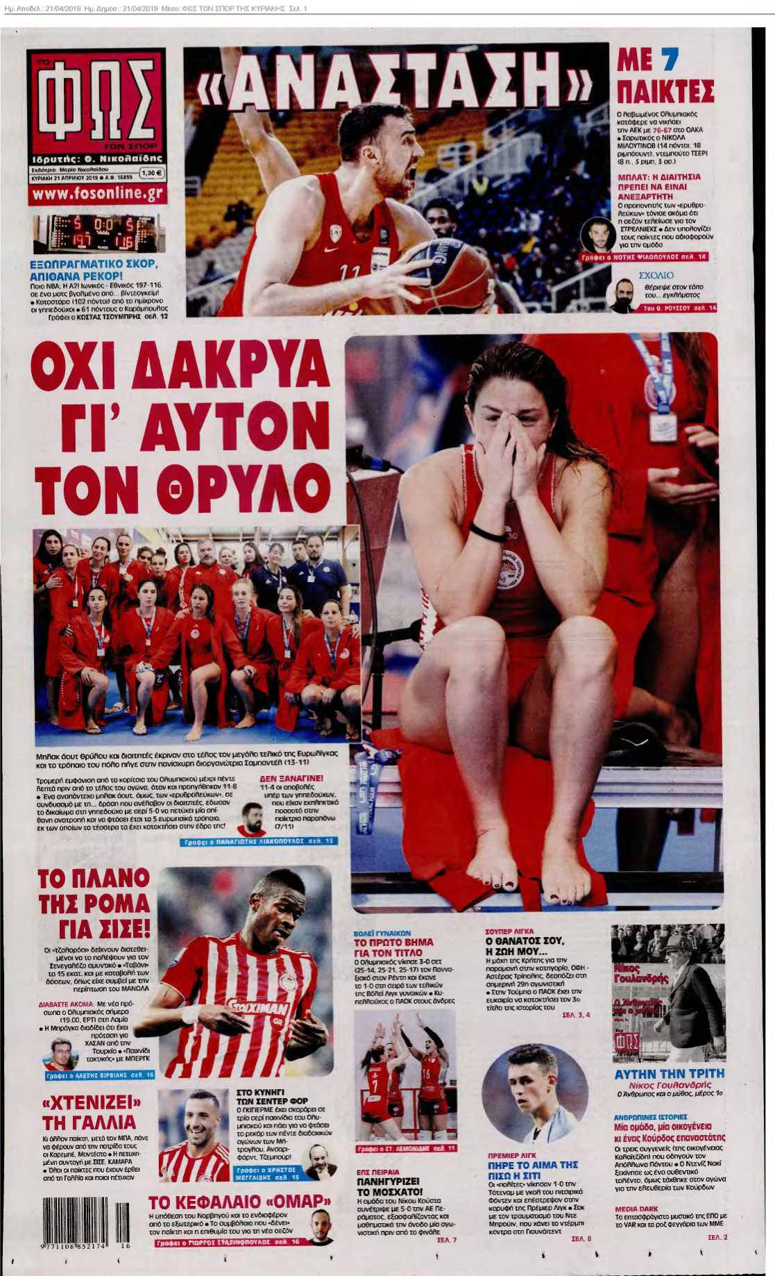 ΦΩΣ ΤΩΝ ΣΠΟΡ ΤΗΣ ΚΥΡΙΑΚΗΣ 21-04-2019